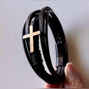 Black Multi Strand Leather Bracelet with Silver Metal Cross